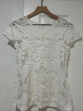 Banana Republic White Sheer Lace Overlay Short Sleeve Top